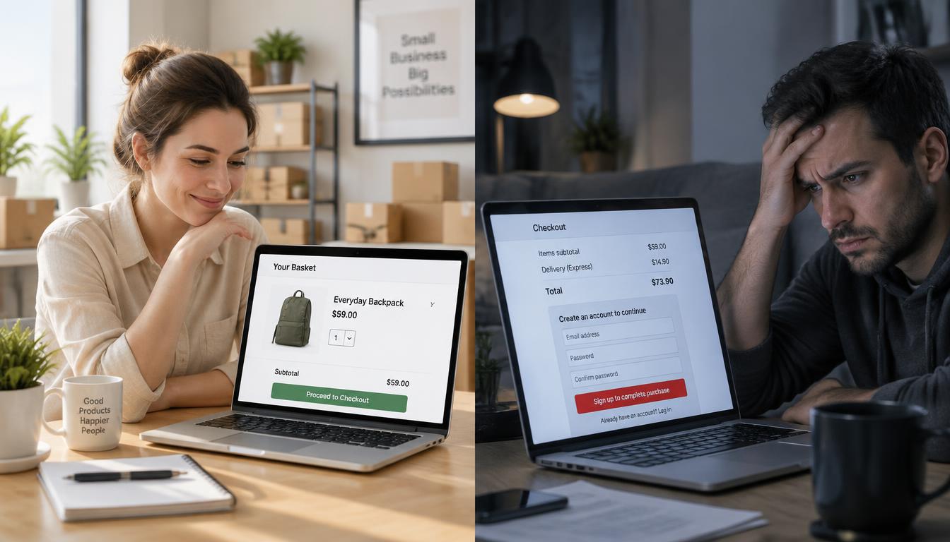 A shop owner watching orders and a full shopping basket on screen