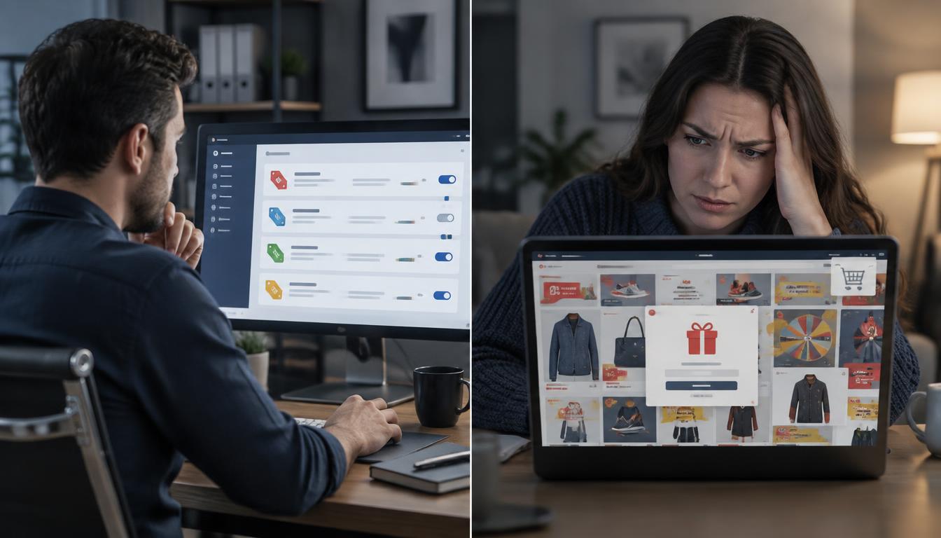 An online store owner looking at a tidy admin dashboard of discounts and promotions