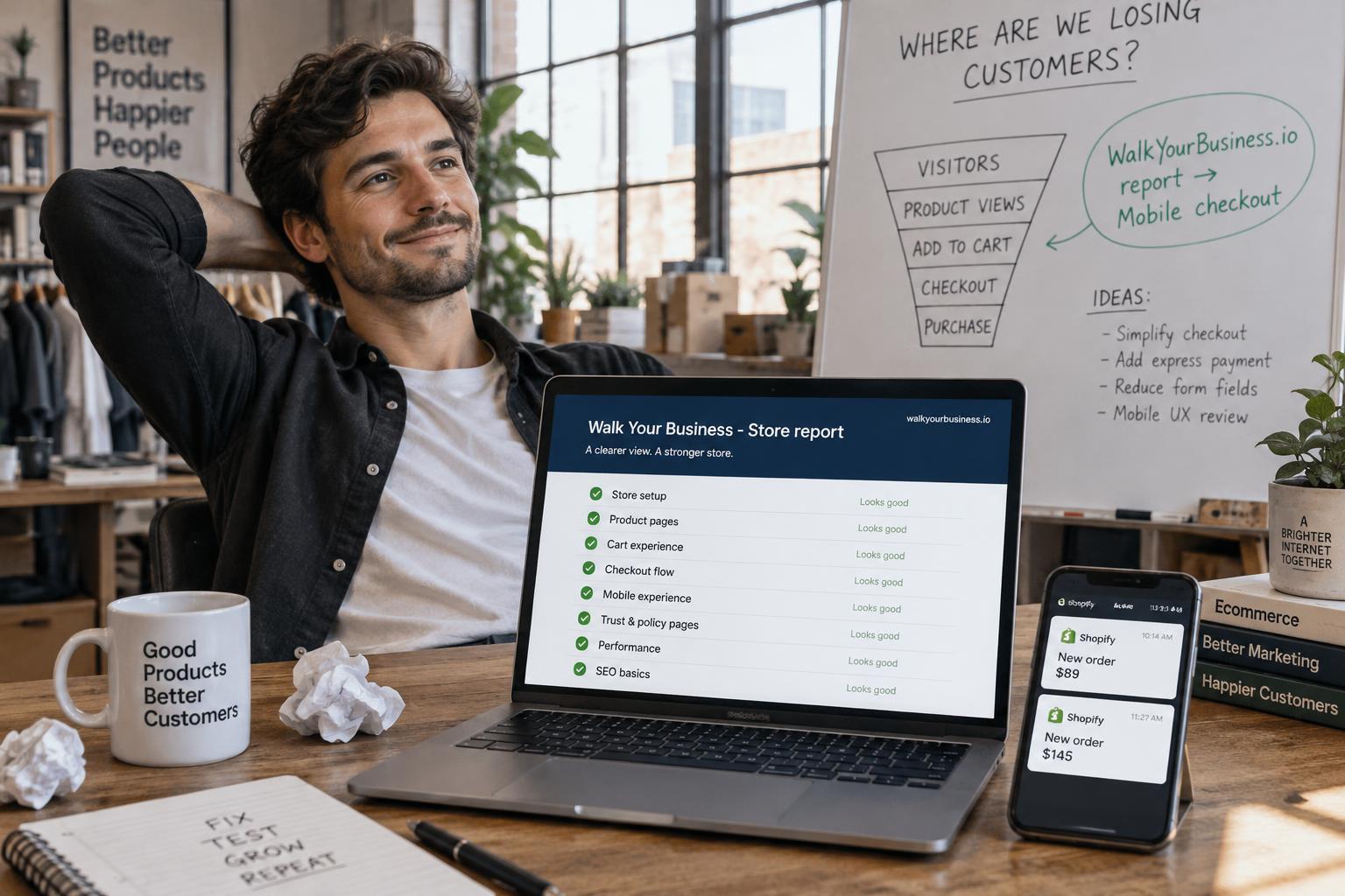 An online store owner smiling at his desk with a Walk Your Business store report open on his laptop, new order notifications on his phone and a whiteboard asking 'Where are we losing customers?'